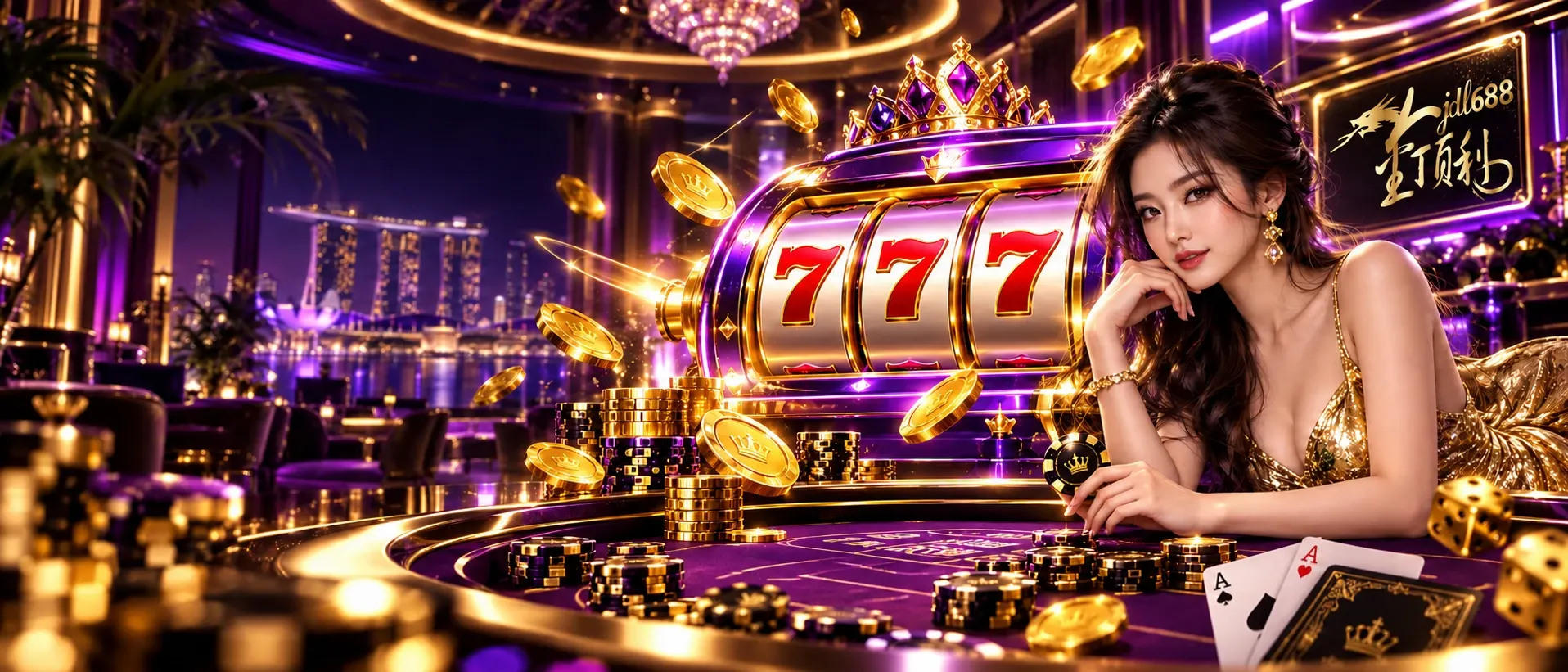 JDL688 Singapore online casino — 777 slot reels, gold chips and live table games set against the Marina Bay skyline