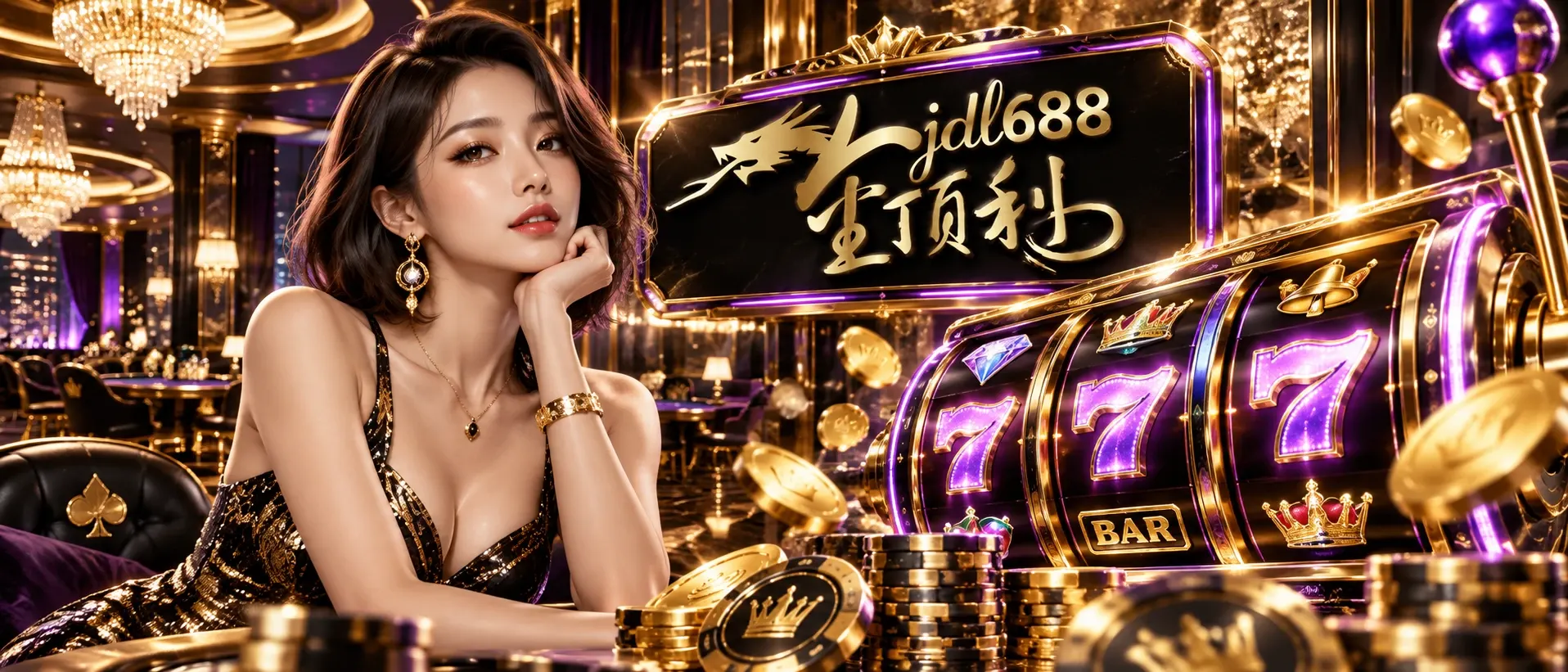 JDL688 online slots Singapore — glowing 777 reels, BAR and crown symbols above stacks of gold casino chips
