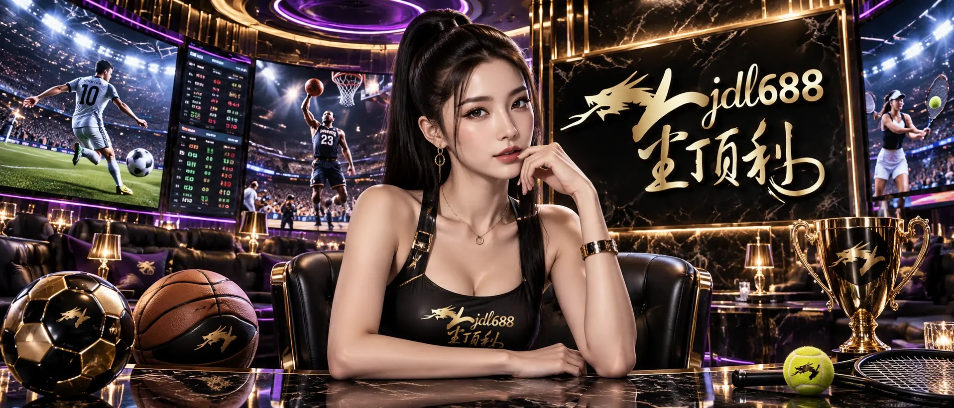 JDL688 Singapore sports betting — live football, basketball and tennis on stadium screens beside an odds board and trophy